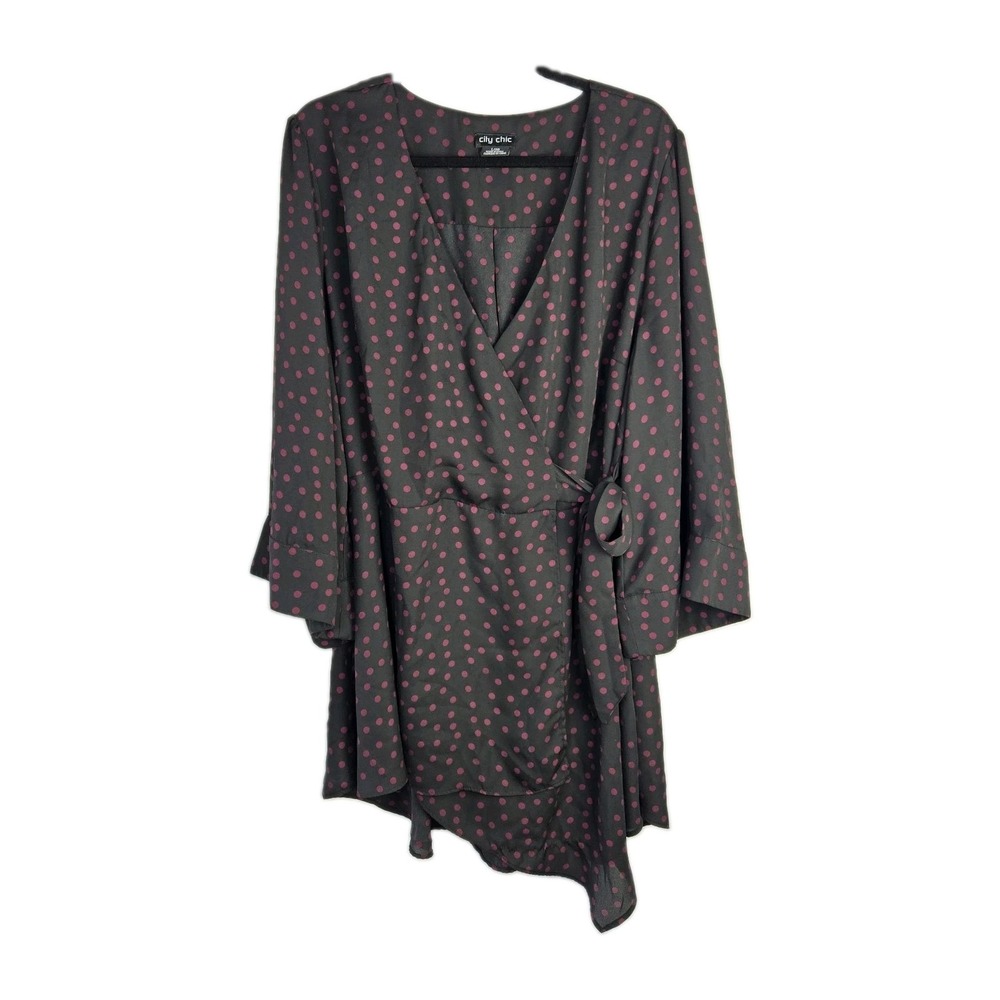 City Chic Polka Dot Wrap Tunic Blouse Womens 20 Kimono Black Whimsigoth Femme